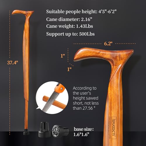 ispuoocti Wooden Walking Cane for Men and Women -Natural Solid Wood, 3 Rubber Tips, Heavy Duty, with Travel Bag- Wooden Walking Stick, Ergonomic Canes for Seniors Unisex Walking Canes