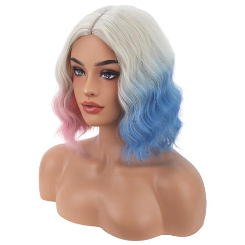Image of BERON Women Short Platinum Ombre Pink and Blue Side Part Wigs Girls Colorful Shoulder Length Heat Resistant Synthetic Wig for Cosplay Costume Party or Daily