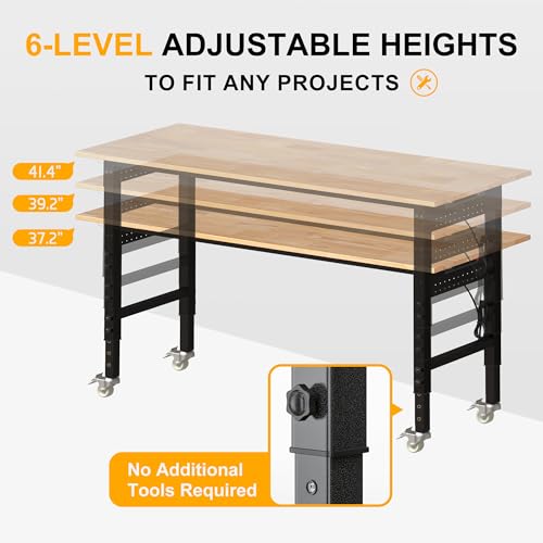 BETISEF 70’’ Work Bench Adjustable Workbench Heavy Duty Work Table with Power outlets, Pegboard, Wheels and Foot Pads, 2000 Lbs Capacity Hardwood Work Benches for Garage, Workshop, Office, Home - Thumbnail 6