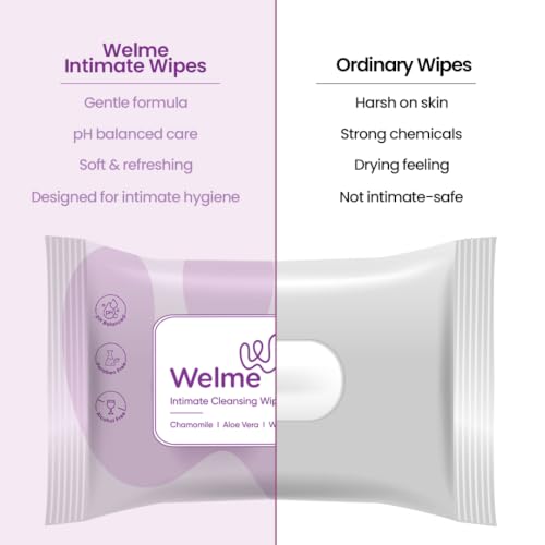 Image of Welme Intimate Cleansing Intimate Wipes for Daily Use | Chamomile, Aloe Vera & Witch Hazel | pH Balanced | Infused with Prebiotics | 20 Wipes for Travel, Periods & Pre /Post Intimacy