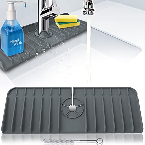 Freefa UPGRADE VERSION Kitchen Sink Splash Guard, Silicone Faucet Handle Drip Catcher Tray, Faucet Absorbent Sink Protectors Mat for Kitchen Bathroom Sink Accessories (Grey 1PC)