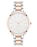 Pulsera de eslabones ajustable en tono oro rosa y plateado; cierre plegable de doble bloqueo
