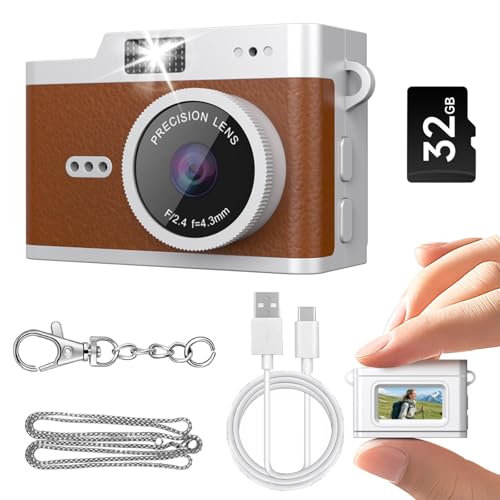HOTU Mini Keychain Digital Camera, Y2K Pocket-Size Mini Camera, 2MP 1080P Small Camera with 32GB Card, Video Recorder with Long Battery Life for Travel, Party and Vlog(Brown)