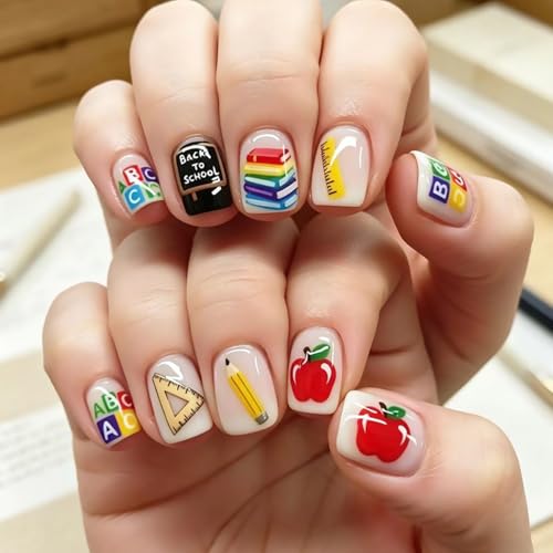 Back to School Press on Nails Short Square Stationery Fake Nails 24 Pcs