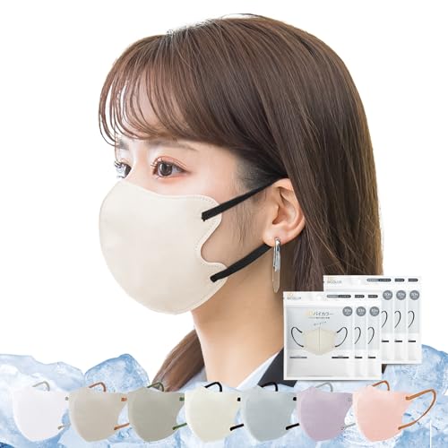 [ICHIMIZU] 冷感マスク 夏マスク 60枚入 (10枚×6パック）薄いマスク 不織布マスク 立体マスク バイカラーマスク 小顔 敏感肌向け メイクが付きにくい 息がしやすい 耳紐同色 柔らかい耳紐 耳が痛くならない 肌にやさしい 3層構造 普通サイズ 男女兼用 PM2.5/花粉/微粒子対応 (冷感 アイボリー)の商品画像（Amazon）