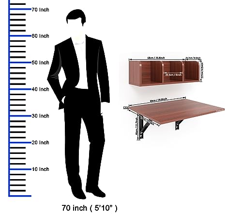 Image of Madhuran Engineered Wood Wall Mounted Folding Laptops Cum Study Table with Storage Shelf (Matte Teak) Work Home Foldable Office Study Room Books Kitchen Organizer