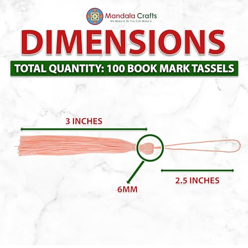 Image of Mandala Crafts Small Rose Gold Bookmark Tassels - 100 Bulk Silky Mini Craft Tassels with Loops for Bookmarks, Jewelry Making, Graduation Decorations, and Keychains