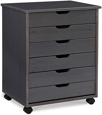 Six Drawer Wide Wood Rolling Cart in Gray