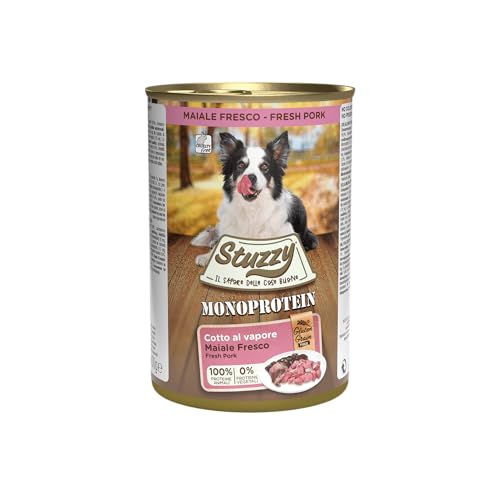 Stuzzy Monoprotein Cibo Umido per Cani con Maiale, 100% Proteine Animali, 0% Proteine Vegetali, Cotto al Vapore, Alimento Completo, 6 x 400  g