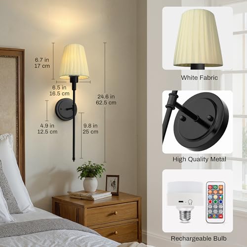 Image of DORESshop Battery Operated Wall Sconce Set of 2, 10 Color Wireless Wall Light Easy to Install, Sconce Wall Decor Set of 2 for Bedroom, Living Room, Pleated Fabric Shade, Black, 24.6in