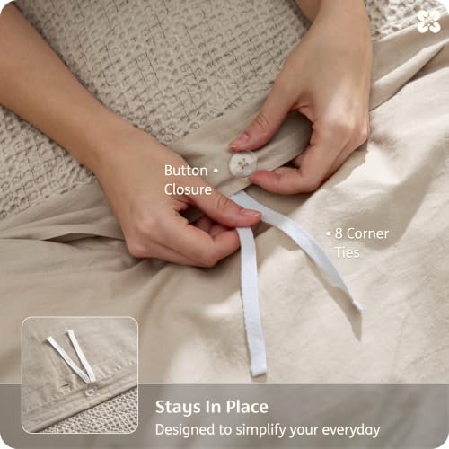 Image of Bedsure PureWoven 100% Cotton Waffle Duvet Cover Set, King, Linen Color