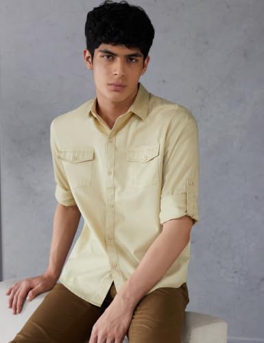 Image of Veirdo Men's Pure Cotton Utility Shirt | Full Sleeve Casual Button-Down with Dual Chest Pockets | Stylish & Comfortable Everyday Wear | Colors: Beige, Black, Maroon, Olive, Rust & White