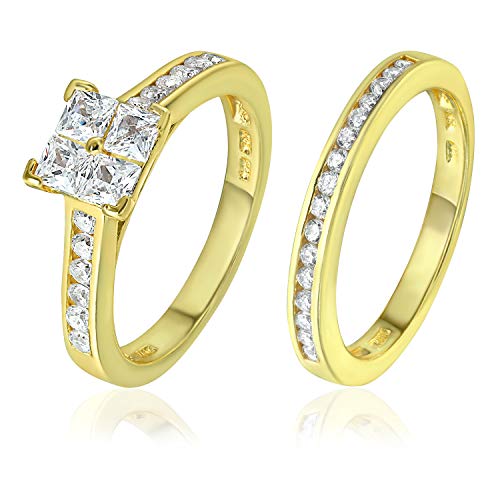 925 Sterling Silver Square Princess-Cut CZ Cubic Zirconia Anniversary Wedding Band Engagement Ring Bridal Set, Sizes 5 to 10 (Gold Flashed, 9)