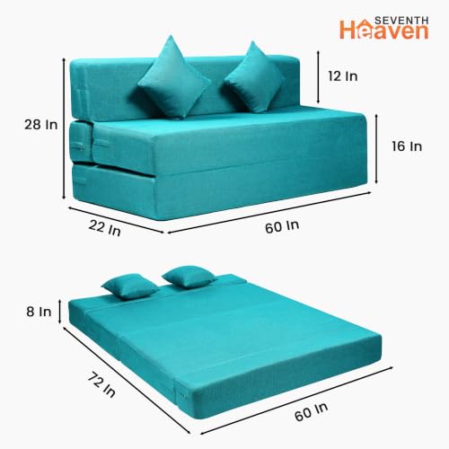 Image of Seventh Heaven Rejioce 3 Seater 5 * 6 Jute Fabric Washable Cover Sofa Cum Bed with 2 Cushions 3 Seater Double Foam Fold Out Sofa Cum Bed (Finish Color - Blue Delivery Condition - Pre-Assembled)