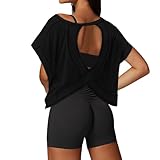 UNIANKIYA Open Back Workout Tops for Women Loose Fit Athletic Crop Tee Short Sleeve Gym Running Yoga Shirt Black
