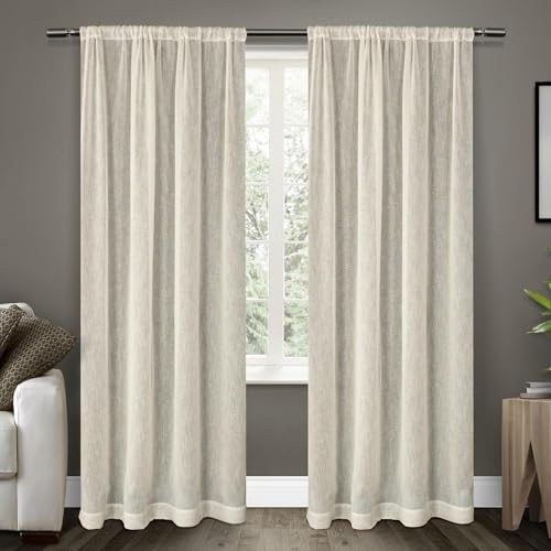 EXCLUSIVE HOME Belgian Textured Linen Look Jacquard Sheer Rod Pocket Curtain Panel Pair, 50"x96", Snowflake