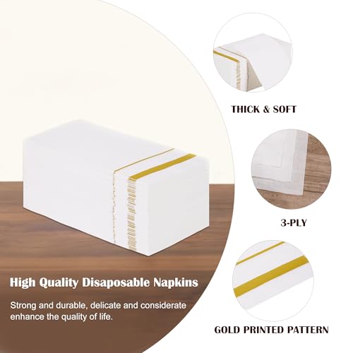 Image of 200 Pack 3-Ply Disposable Paper Napkins,White and Gold Trim Dinner Napkins | Elegant,Soft and Absorbent Paper Hand Towels for Kitchen, Wedding, Parties, Dinners or Events (15.7 inch x 13 inch)