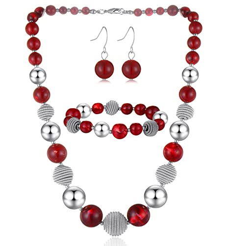 FULU AUTUMN 3 Pcs Parure de Bijoux Collier de Perles Grosses Bracelet et Boucles d'Oreilles Cadeau d'Anniversaire pour Femme(Red)