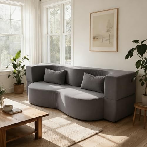78.35" Loveseat Sofa Bed, Modern 2-in-1 Convertible Curved Floor Love Seat Couch, Teddy Fabric Memory Foam Cloud Couch with 2 Pillows No Assembly for Living Room, Apartment, Small Space (Grey)