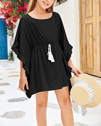 Eurivicy Girl's Swimsuit Cover Up Kids Summer Solid Wraps Swimwear Tassel Elastic Waist Ruffled Beach Dress Black #TOP2