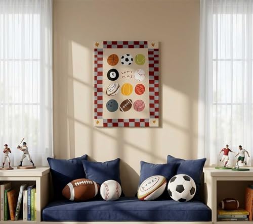 Image of Let's Play Sports Balls Canvas Wall Art, Funny Sports Nursery Painting Picture Wall Decor, Cute Boho Neutral Kids Playroom Poster Print Artwork, for Playroom, Nursery Home Decoration, 16x24in Framed