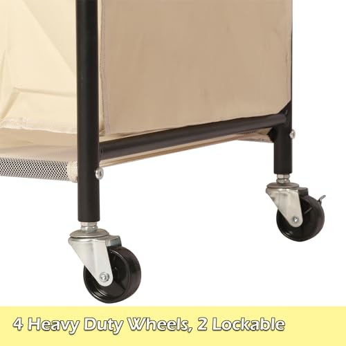tonchean Laundry Hamper, 3 Section with Ironing Board, Removable Hanging Bar & Bags, Rolling Laundry Cart, 59\"H x 29\"L x 17\"W, Yellow