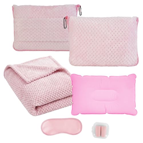 Lonxio 3 in 1 Reisedecke Ultraleicht und warm für Flugzeug und Auto - Tragbares aufblasbares Flugzeug Kissen mit Hülle Gepäckhülle Rucksackclip Augenmaske und Ohrstöpseln(Rosa)