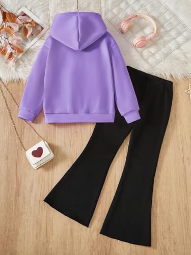 Image of 6-13 Years Girls Clothing Heart Print Hoodie Top + Heart Print Flare Leg Pants 2PC Clothing Set