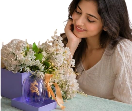 Artificial Flower Arrangement in Glass Vase with Purple Gift Box | Just For You Box, Satin Ribbon Bow, Gold Foil Design, White Faux Flowers, Ready-to-Gift Set-image-25