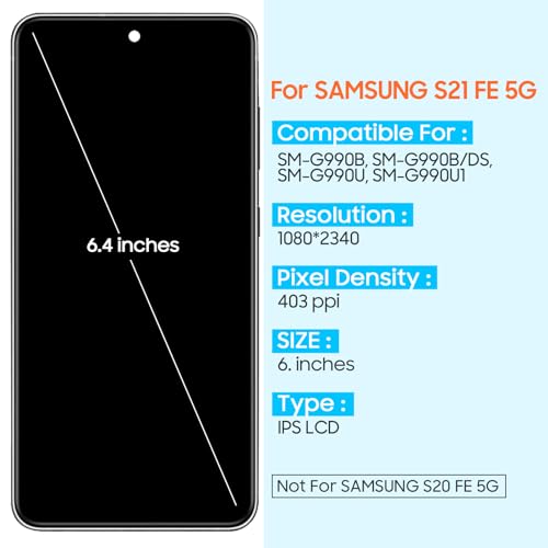 OLED for Samsung Galaxy S21 FE 5G Screen Replacement Kits for Samsung S21FE LCD Display SM-G781U1/DS G990A G990W 6.4" Touch Screen Digitizer Full Assembly with Frame (Black)