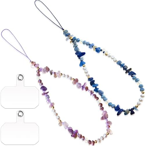 2 Pcs Beaded Phone Charm Handmade Natural Stone Phone Lanyard Wrist Strap with 2 Phone Lanyard Tether Patch Beads Phone Chain Wrist Strap Anti Lost Bracelet Keychain for Women Girl