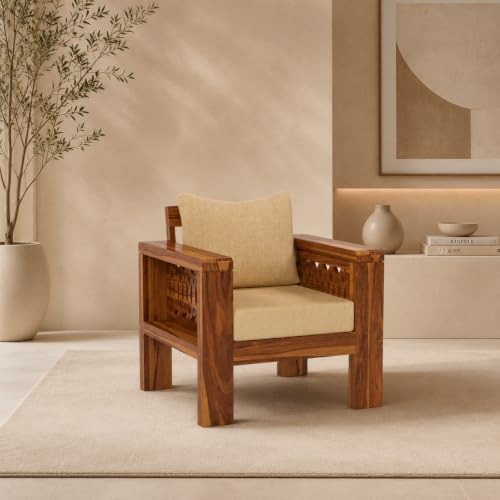 Image of NATRAJ ART & CRAFT Sheesham Wood 1 Seater Sofa Set for Living Room | Wooden Sofa Set for Living Room Furniture (1 Seater, Honey Finish)