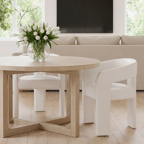 Image of HNY Modern Barrel Kitchen & Dining Room Chairs Set of 2, PU Leather Upholstered Accent Chairs with Arm, 18.5'' Wide Side Armchairs Vanity Chairs for Living Room Bedroom Makeup Small Spaces, White