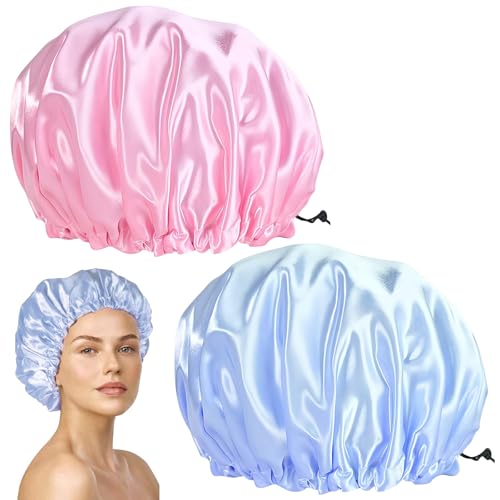 deegbbyi 2 Pieces Bonnet Satin Cheveux Nuit, Réutilisable Chapeau de Douche, Bonnet de Bain Réglable, Chapeau de Bain pour Femmes, Double Couche, Imperméable, pour Filles, Spa, Maison, Salon