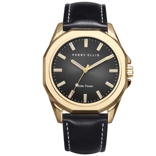 Perry Ellis Relógio masculino movido a energia solar | Relógios de pulso analógicos de couro vegano resistente à água | Caixa de 42 mm | Relojes para Hombres | Presente elegante para homens, Dourado