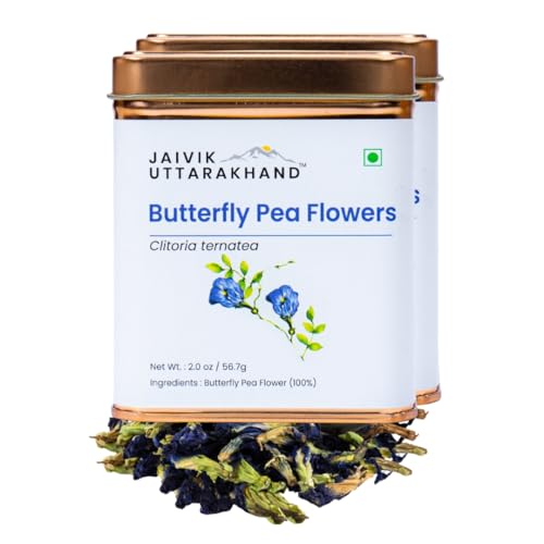 Image of Jaivik Uttarakhand Butterfly Pea Flower Tea (113.4 g), Vibrant Blue Herbal, Unique Blend Crafted Loose Leaf for Chai Lovers Across India, Pack of 2 Tin Box