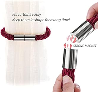 NICEEC 6 Pack Strong Magnetic Curtain Tiebacks Modern Simple Style Drape Tie Backs Convenient Decorative Weave Rope Curtain Holdbacks for Thin or Thick Home & Office Window Draperies (Wine Red)