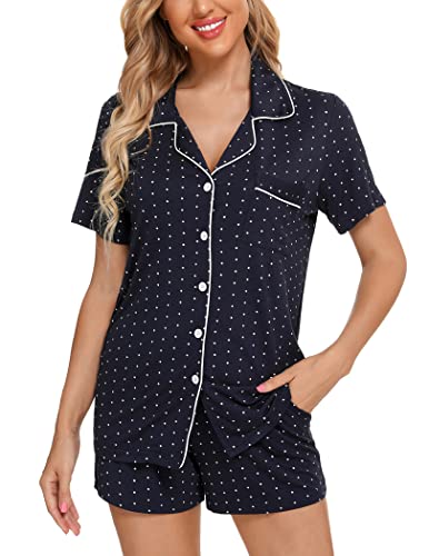 Image of Pjmlifecoco Women's Modal Pajama Set Short Sleeve Button Down Two Piece Soft Sleepwear with Shorts Loungewear S-XXL
