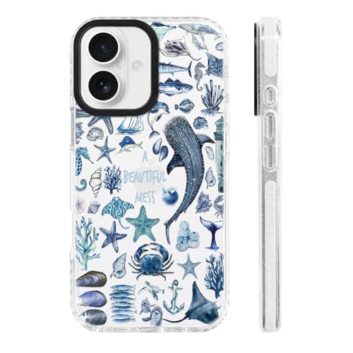 ChiCs-Flaura for iPhone 17 Case [Military-Grade Drop Protection/Nautical Ocean Soft Slim TPU Protective/Camera Control/Girls Teens] - Aesthetic Unique Blue Seashell Whale Shark Marine Collage Partten