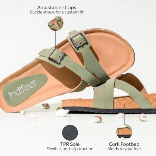 Image of Indifeet Daily Use Stylish Buckle Casual Cork Sandals for Women | Comfortable Arch Support Slippers with Adjustable Double Straps, Daily Use Flats, Light Weight Slides, Office, Outdoors, Home