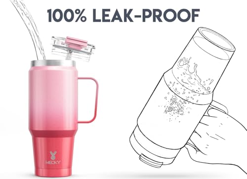 Image of Meoky 32 oz Tumbler with Handle, Insulated Tumbler with Lid and Straw, Stainless Steel Travel Mug, 100% Leak Proof, Keeps Cold for 24 Hours or Hot for 8 Hours, Fits in Car Cup Holder (Flamingo)