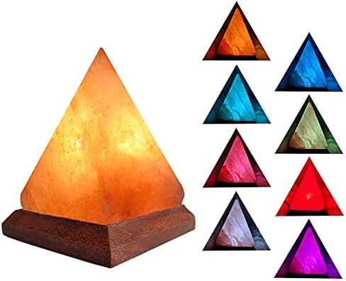 USB Himalayan Salt Lamp with 8 Colors Changing,Pyramid Crystal Salt Rock Lamp for Office,Home Deco,Yoga,Holiday Gift - Hand Carved,Genuine Wood Base