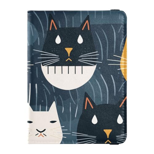 Portafoglio per passaporto e carte di vaccinazione con gatto nero e giallo su sfondo blu e nero pelle con slot per di portafoglio da viaggio per uomo Cartone animato