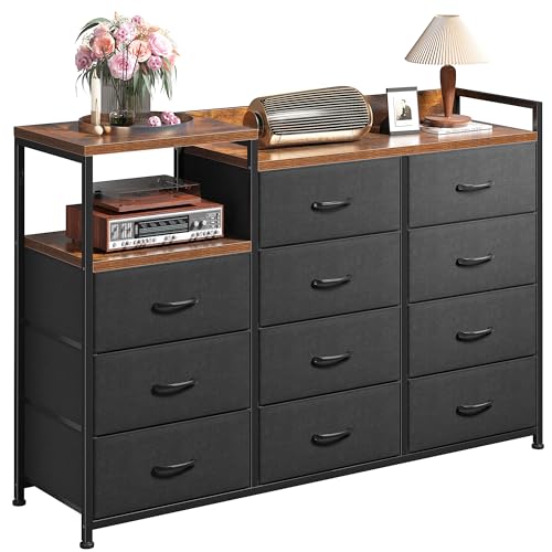 EnHomee Dresser TV Stand with Drawers 11 Drawers Dresser for Bedroom Long TV Stand Dresser with Shelf Wide Dressers & Chests of Drawers Large TV Stand for Bedroom Sturdy Metal Frame & Wood Top, Black