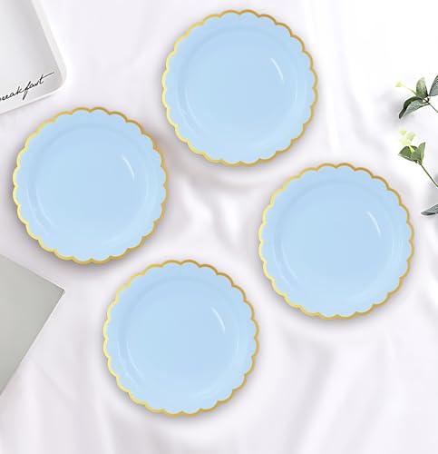 Image of HEIPINIUYE 50 Pieces Light Blue Paper Plates with Gold Foil 7 Inch Disposable Baby Blue Scalloped Dinner Plates for Wedding Baby Shower Birthday Party Dessert Plate