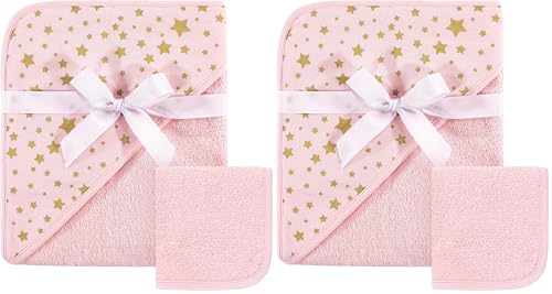 Image of Hudson Baby Unisex Baby Cotton Hooded Towel and Washcloth, Pink Gold Star, One Size (Pack of 2)