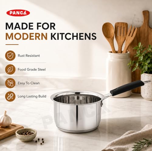 Image of PANCA Stainless Steel Sauce Pan for Tea & Milk, 16cm Triply Bottom Chai Pan with Handle, 1.6 Litre Induction Base Compatible Cooking Pot for Boiling, Sauce (Induction Bottom Capsule Bottom)