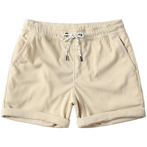 JOTOOK Mens Casual Drawstring Corduroy Shorts Elastic Waist Summer Shorts with Pocket Small Beige