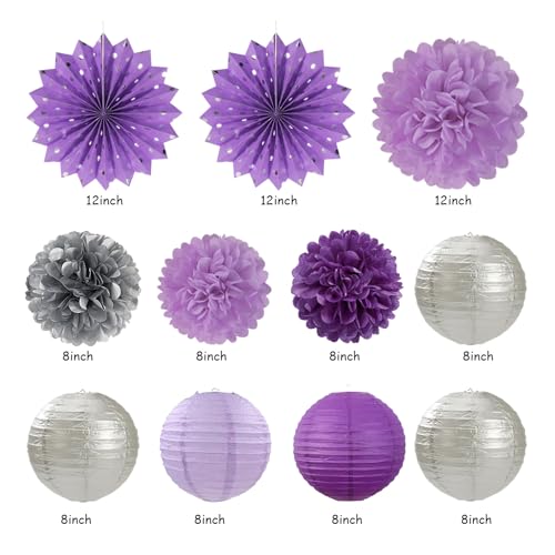 Image of Purple Lilac-Lavender Silver Women Birthday Party-Decorations - 21pc Happy Banner,Paper Lanterns Streamers,Tissue Pom Poms Honeycomb Flower Fan, Girls Hanging Decor Supplies Garland Backdrop Huglony