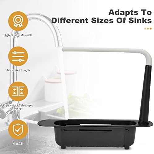 Telescopic Sink Storage Rack,Drainer Sink Tray, 5 Colors Expandable Dish Drying Rack, Adjustable Large Capacity PP Sink Organizer with Bracket and Crossbar (Black), 5 Telescopic Sink Storage Rack